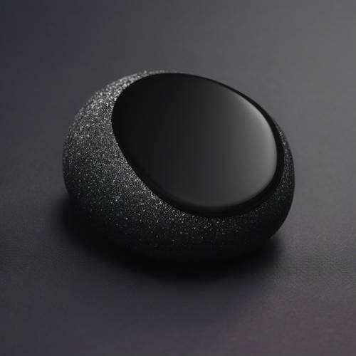 在簡約的環境中，一塊黑色的石頭擱在光滑的黑色平坦表面上。