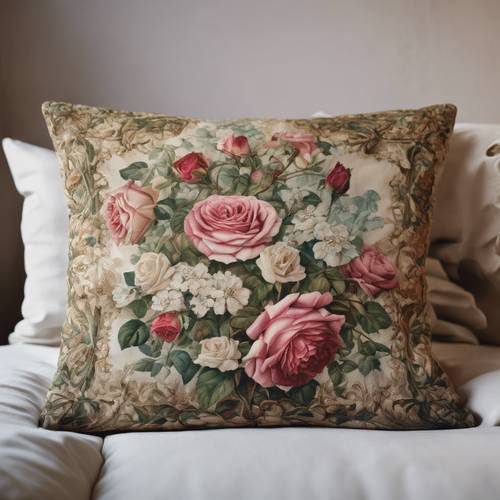 Victorian floral tapestry featuring roses and vines on a cushion cover.