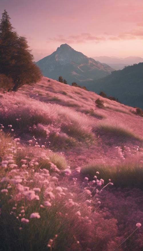 A dreamlike mountain landscape bathed in the soft pink hues of a summer sunset.