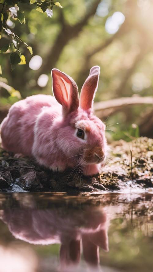 一隻粉紅色的兔子在涼爽的樹蔭下休息，喝著溪流裡的水。