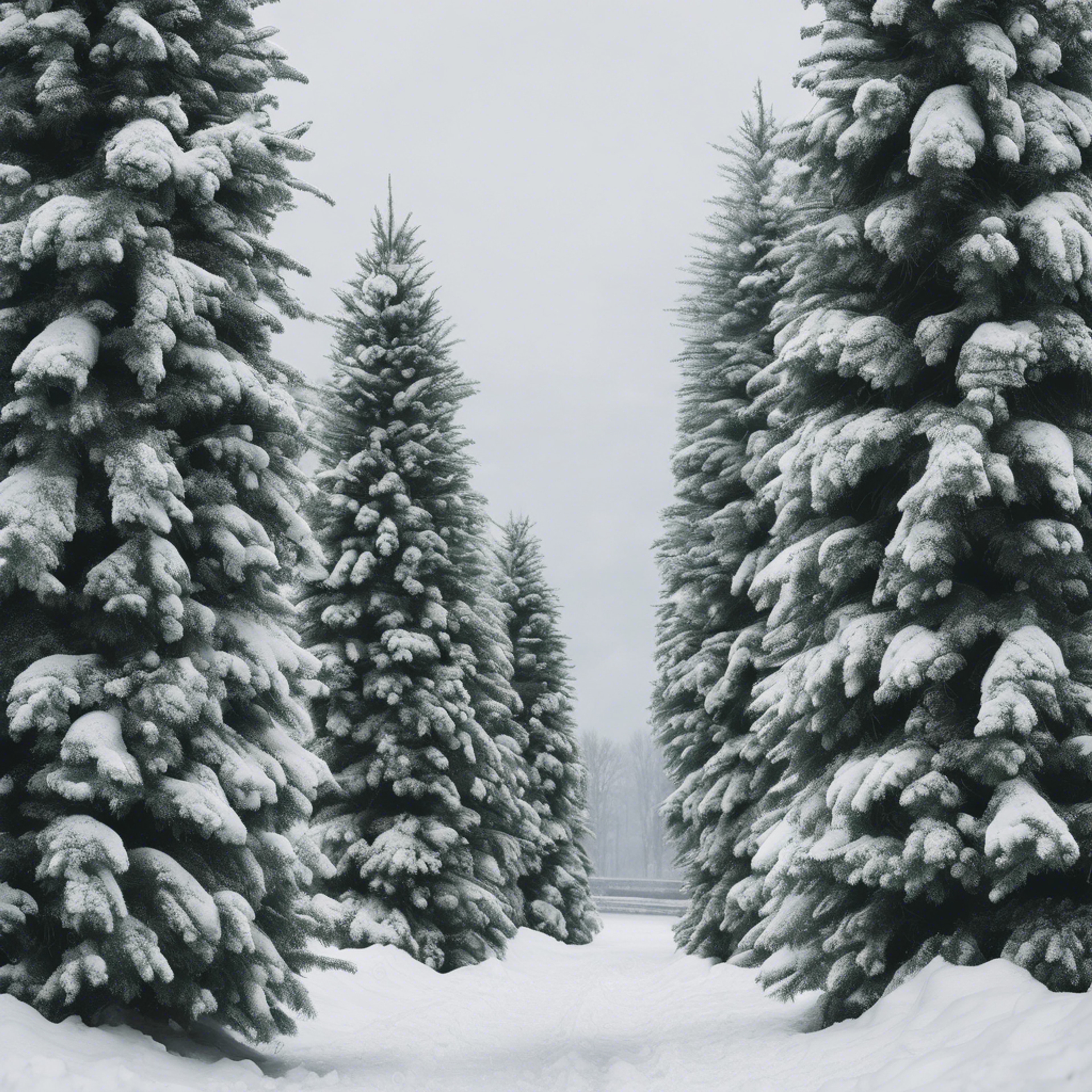 A pair of snow-covered evergreens, standing as sentinels at the entrance of a snow-laden track. Wallpaper[82b8f134477d481385e1]