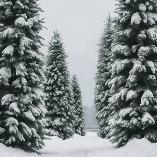 Un par de árboles de hoja perenne cubiertos de nieve, de pie como centinelas en la entrada de una pista cargada de nieve.