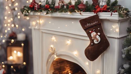 Uma meia de Natal marrom chocolate pendurada em uma lareira decorada com leite e biscoitos para o Papai Noel.
