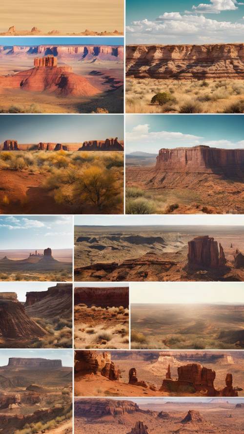 A vibrant collage featuring different types of Western landscapes like towering mesas, deep canyons, and sprawling prairies. Ფონი [e8d865618ff14979b1b8]