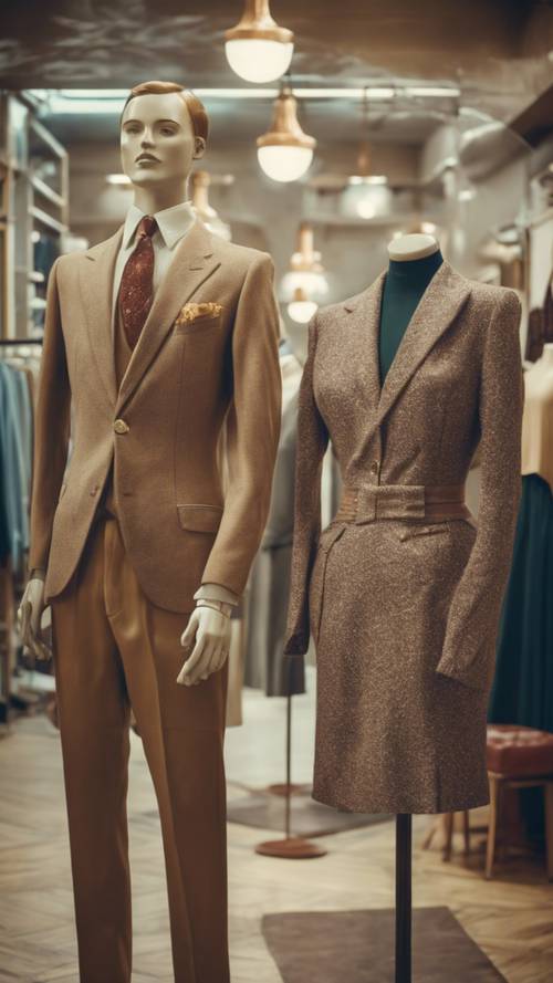 Negozio di abbigliamento vintage con manichini vestiti alla moda di metà secolo.