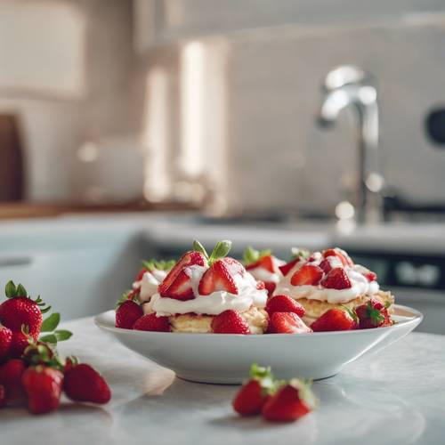 A home-baked strawberry shortcake cooling down on a kitchen countertop. Tapeta [f3c92fb9049f46a7bcc0]