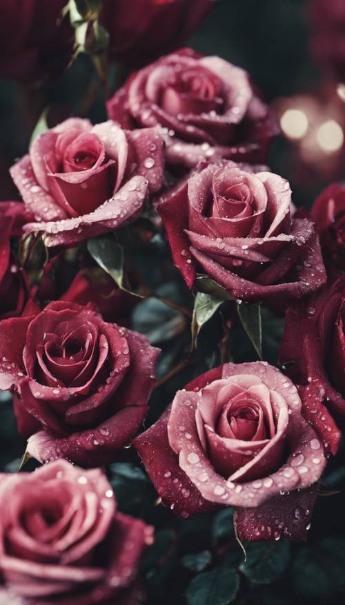 A close-up of velvet burgundy roses with silken droplets of morning dew.