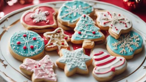 A tasty-looking illustration of sweet kawaii-themed Christmas cookies arranged neatly on a festive, porcelain plate.