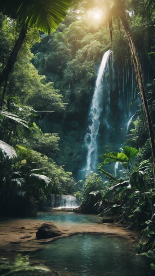 Una fitta giungla tropicale con una cascata di colore blu chiaro sullo sfondo.