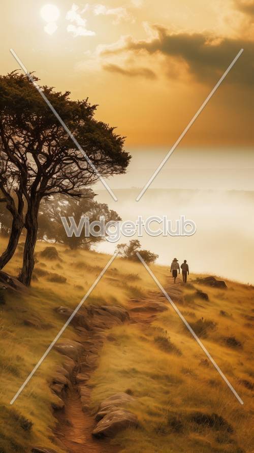 Туманная утренняя прогулка с деревом и парой