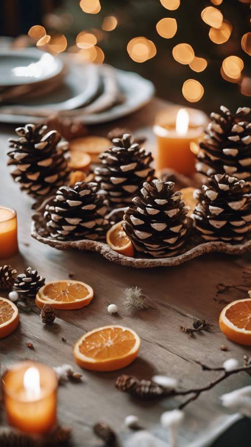 Świąteczna dekoracja stołu w stylu boho z naturalnymi elementami, takimi jak szyszki i suszone plasterki pomarańczy.