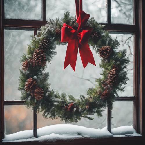 Ein traditioneller Weihnachtskranz mit rotem Band und Tannenzapfen hängt an einem frostigen Fenster. Hintergrund [f491dd03e3504701b5bd]