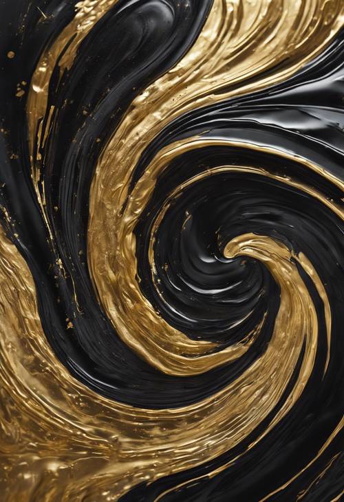 Una pintura abstracta compuesta de patrones negros y dorados que giran.