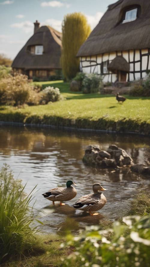 Ein Entenpaar tollt neben einem Bach herum, im Hintergrund ist ein idyllisches Reetdachhaus zu sehen.