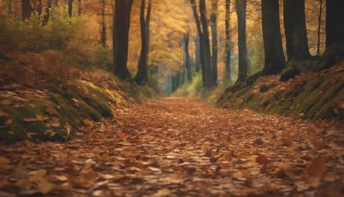 Un sentier forestier de cottagecore curieusement charmant, recouvert de feuilles d&#39;automne qui tombent et qui attire vers les mystères qui se cachent à l&#39;intérieur.