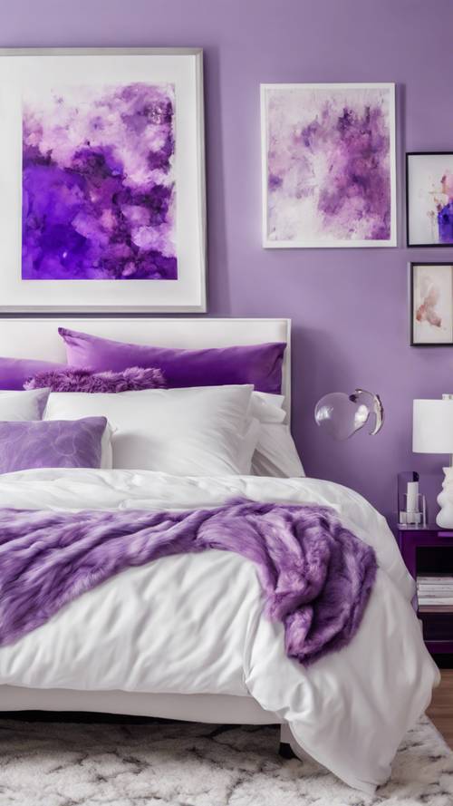 Fioletowa sypialnia z akcentami w żywych białych meblach. Ściany zdobią abstrakcyjne dzieła sztuki, a łóżko jest starannie zaścielone puszystą, fioletową kołdrą.