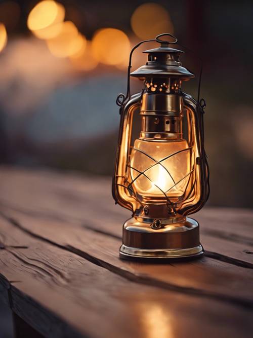 A warm, glowing lantern on a wooden table on a September evening Wallpaper [ee03855db94245789107]