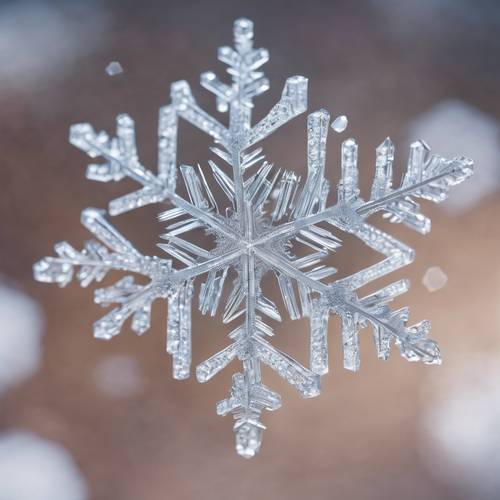 A close-up perspective of a snowflake, showcasing its intricate geometric design. Tapeta [75bf192a830b493cb658]