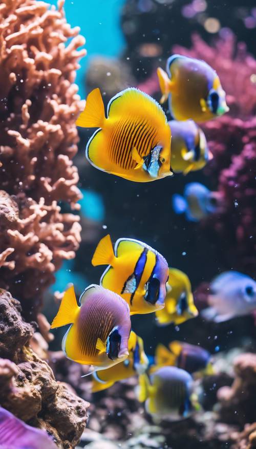 קבוצה של דגים טרופיים בצבעי קשת השוחים סביב שונית אלמוגים תוססת.
