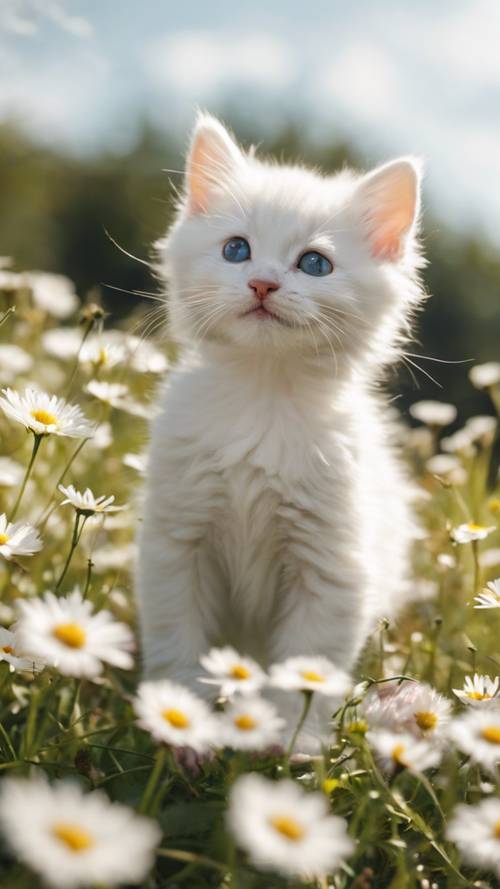 A fluffy white kitten playing in a field of daisies during a bright, sunny day.