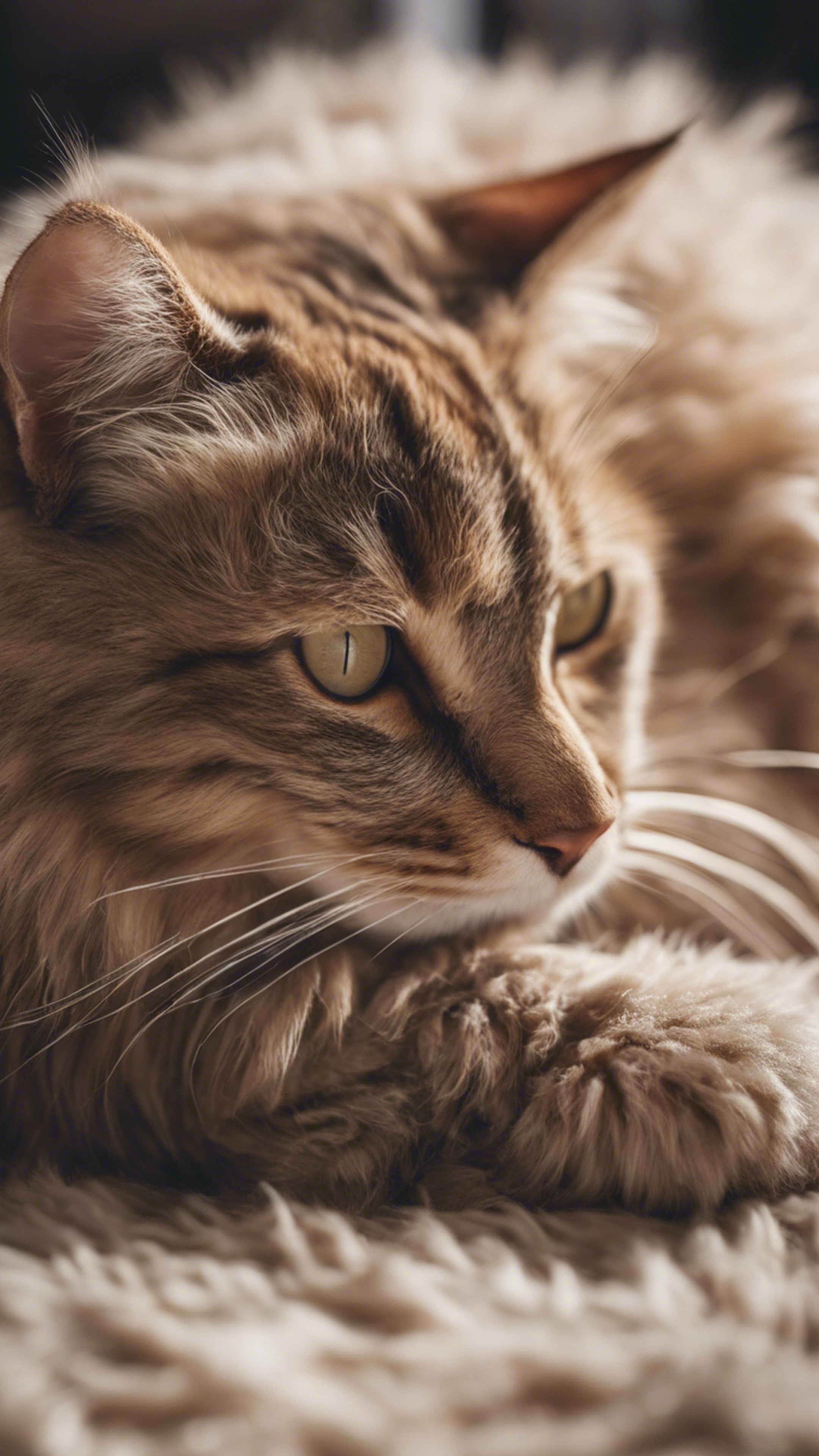 A lazing cat with cool beige fur, curling up on a shaggy rug. Divar kağızı[5dc2da6099d74770bd36]