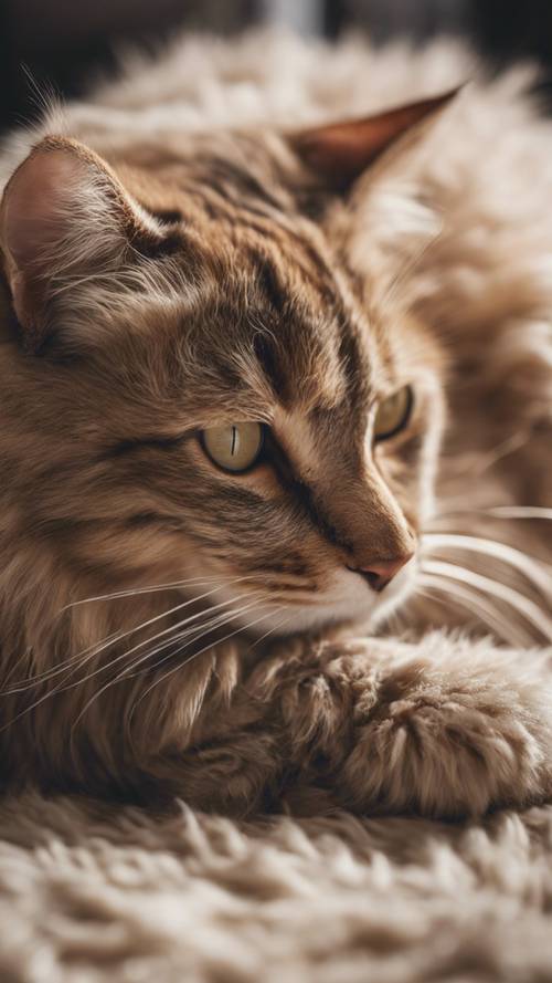 Eine faule Katze mit kühlem beigem Fell, die sich auf einem zotteligen Teppich zusammenrollt.