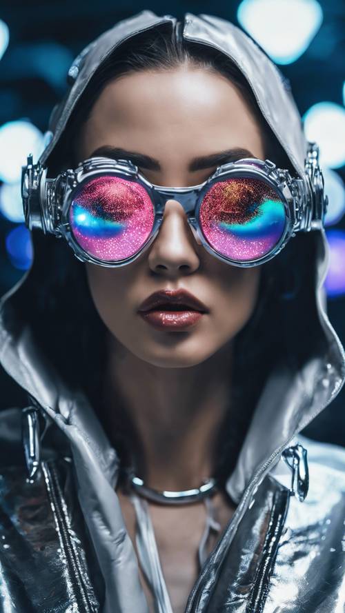 Người mẫu thời trang mặc trang phục theo phong cách của Cyber-Y2K, hoàn chỉnh với kính mắt sáng bóng của tương lai và các phụ kiện phát sáng.