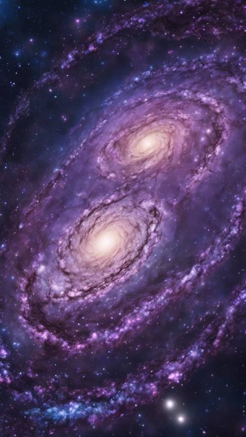 Uma galáxia espetacular com padrões rodopiantes de roxos e azuis.