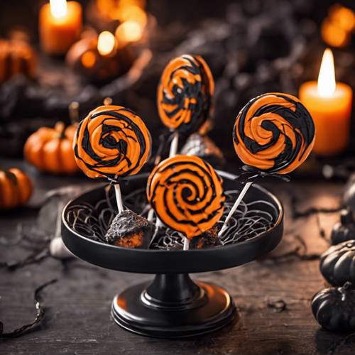 Lolipop bertema Halloween dengan pusaran hitam dan oranye, disusun di atas meja seram dengan sarang laba-laba dan lilin yang berkelap-kelip.