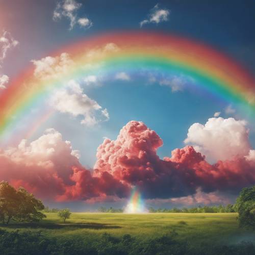 A bright, scarlet heart-shaped cloud dripping with raindrops under a majestic rainbow in the blue sky