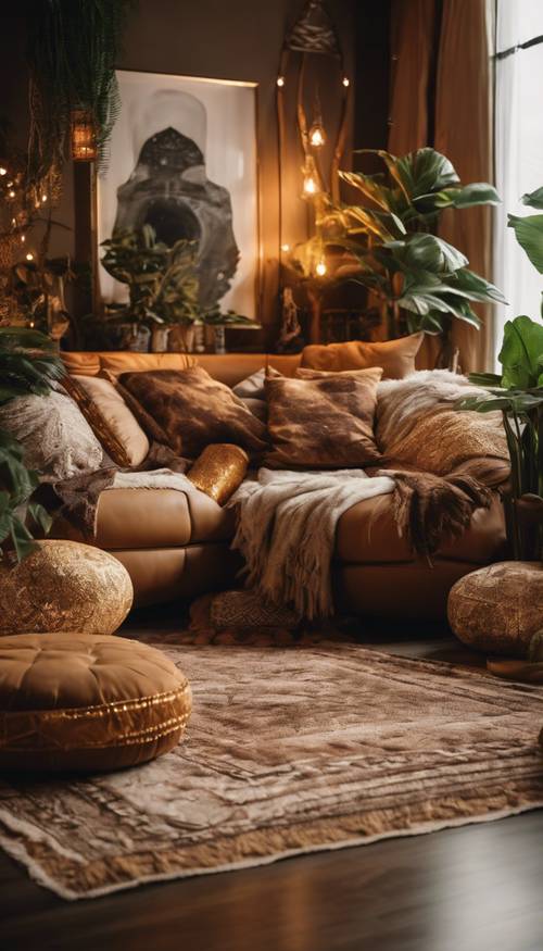 Kącik do siedzenia w stylu boho w kolorze złotym i brązowym z poduszkami podłogowymi, roślinami i ciepłym oświetleniem.