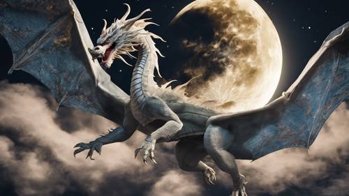 Japanese dragon in mid-flight, wrapping itself around a full moon.