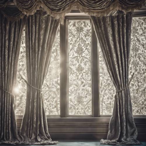 Une paire de rideaux vintage en tissu damassé argenté riche dans une grande fenêtre.