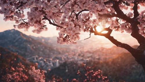 山峰上一棵深色的櫻花樹，背靠日出。