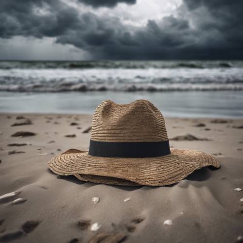 หมวกใบเดียวที่ถูกละทิ้งปลิวไปตามชายหาดที่รกร้างภายใต้ท้องฟ้าที่มีพายุ