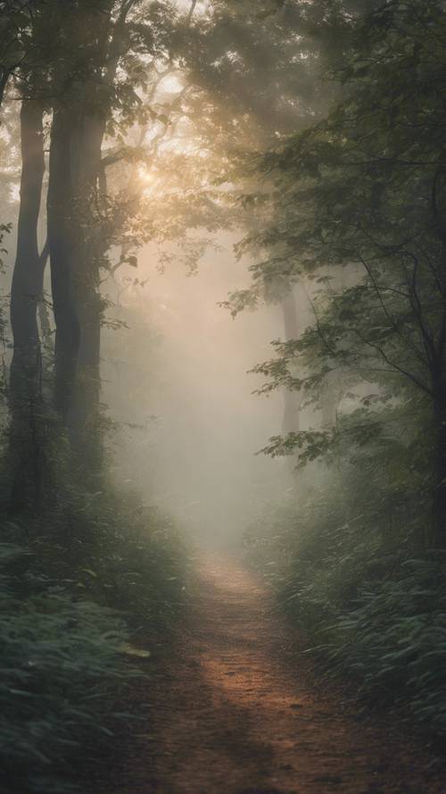 Un sendero forestal brumoso y etéreo justo cuando el sol está amaneciendo, con el símbolo del zodíaco de Virgo sutilmente formado en la niebla de la mañana.