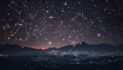 A pitch dark landscape with a cluster of geometric constellations shimmering in the night sky. Tapet [f01d69cd5d7847f495e9]