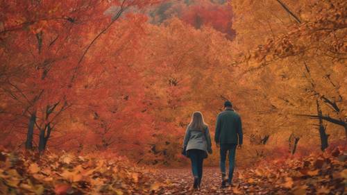 Ein abstraktes Bild eines Paares, das durch eine Reihe bunter Herbstblätter watet, eine bildschöne Herbsterinnerung