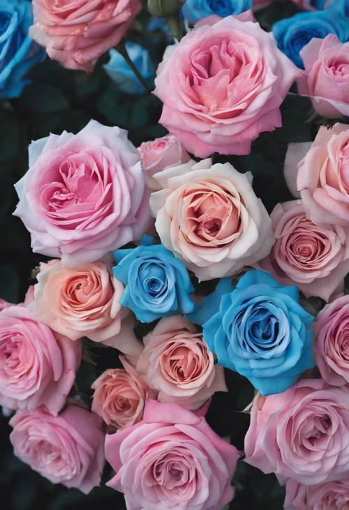Rzędy różowych i niebieskich róż ombre w pełnym rozkwicie w bujnym ogrodzie.