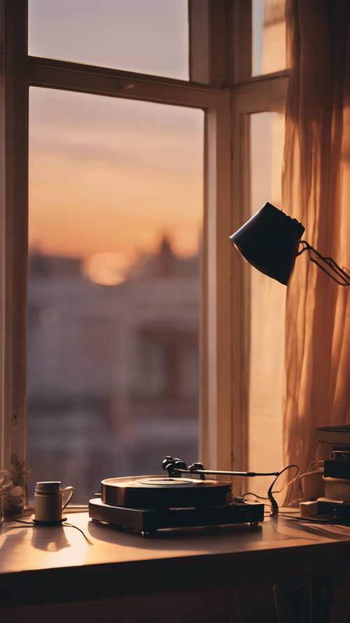 A calm indie aesthetic room with subtle sunset lighting filtering through the window, illuminating a stack of vinyl records and an old turntable.