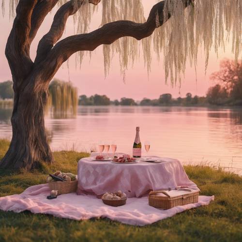 A romantic champagne picnic under an ancient weeping willow beside a tranquil lake during a pink sunset.