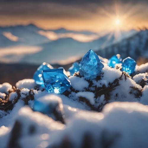 Relucientes piedras preciosas azules que captan los primeros rayos del amanecer en lo alto de un pico nevado.