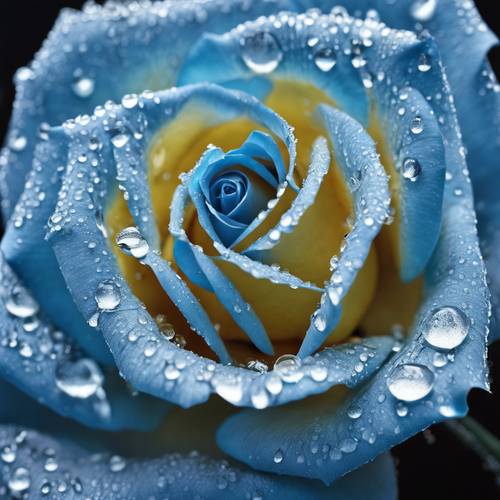 Uma rosa azul sintética e fresca com gotas de orvalho