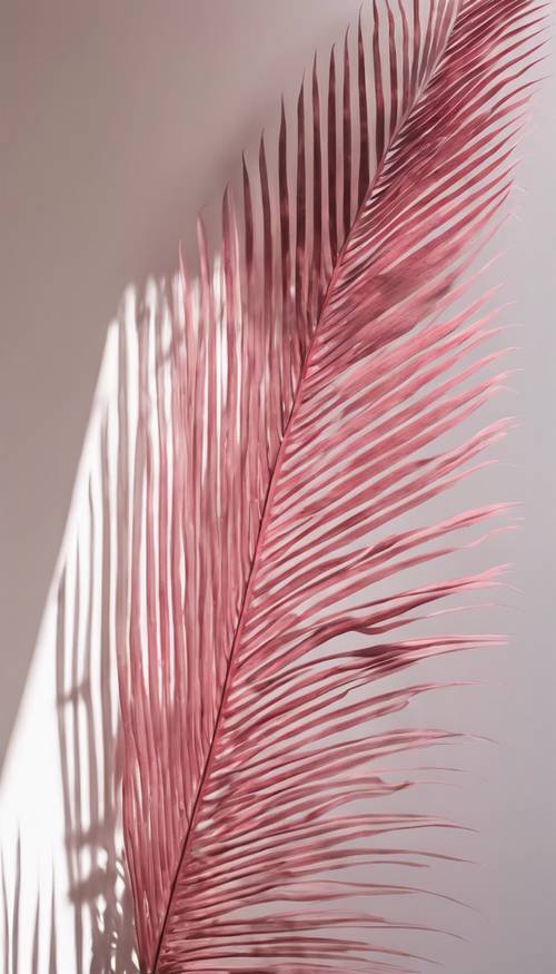 A crisp shadow of a strong, intricate pink palm leaf cast on a clean white wall.