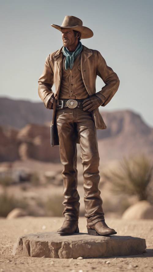 A cowboy bearing an uncanny resemblance to a statue in a desert town.