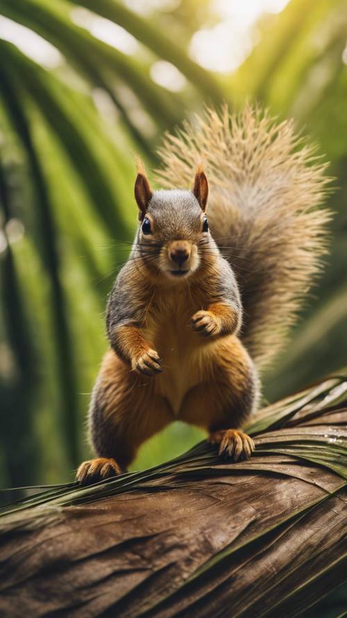 An adventurous squirrel jumping from one large palm leaf to another in the jungle.
