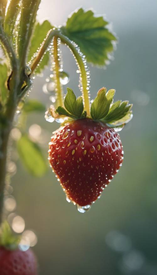 A close-up of a strawberry plant with a single ripe, shiny berry in a dew-kissed early morning