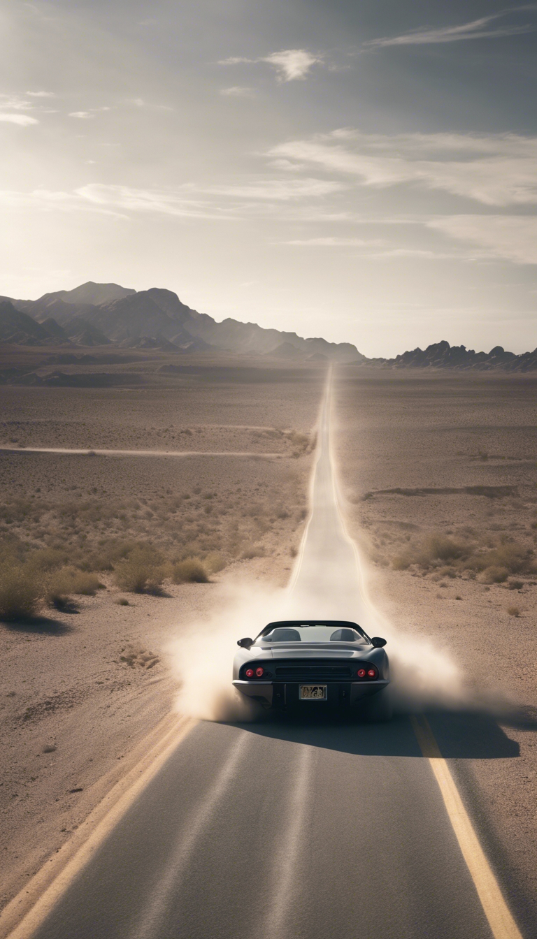 A dark gray sports car speeding down a desert highway, with a cloud of dust in its wake. Tapet[d3bf60fc4a504b698dd5]
