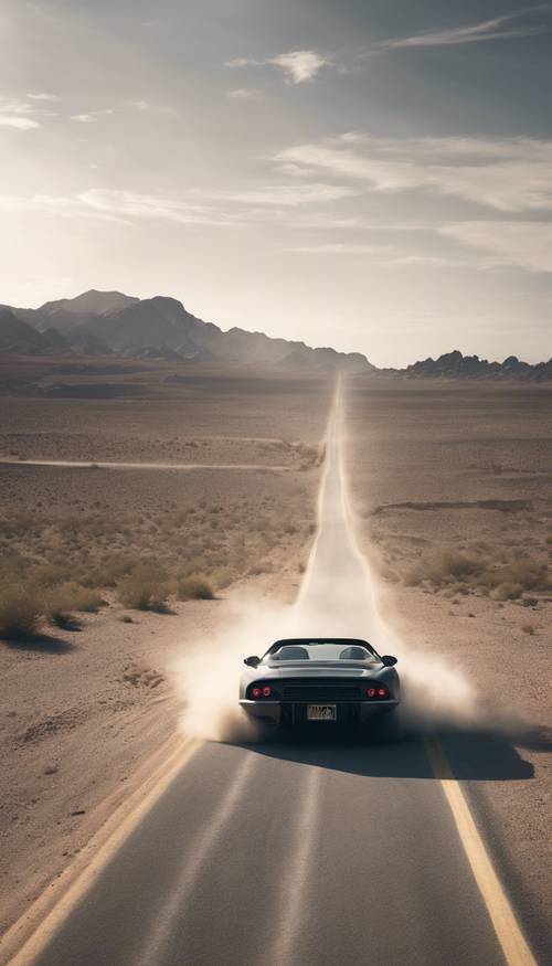 A dark gray sports car speeding down a desert highway, with a cloud of dust in its wake.