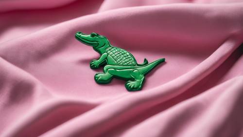 Uma camisa pólo rosa com um logotipo de jacaré verde, cuidadosamente dobrada sobre uma cama.